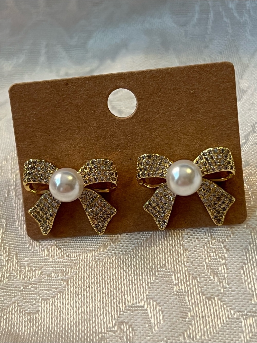 Gold Bow Pearl Stud Earrings with Crystals NWT